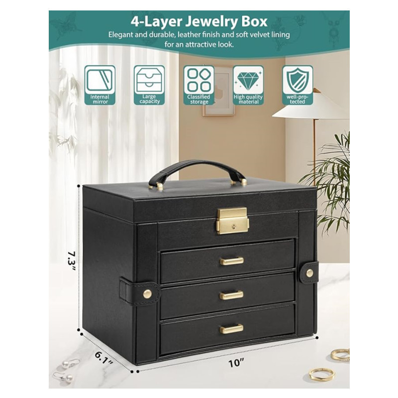 Cuatro capas de lujo de gran capacidad con espejo caja de joyería caja de almacenamiento de joyería pendientes tipo cajón collar caja de joyería