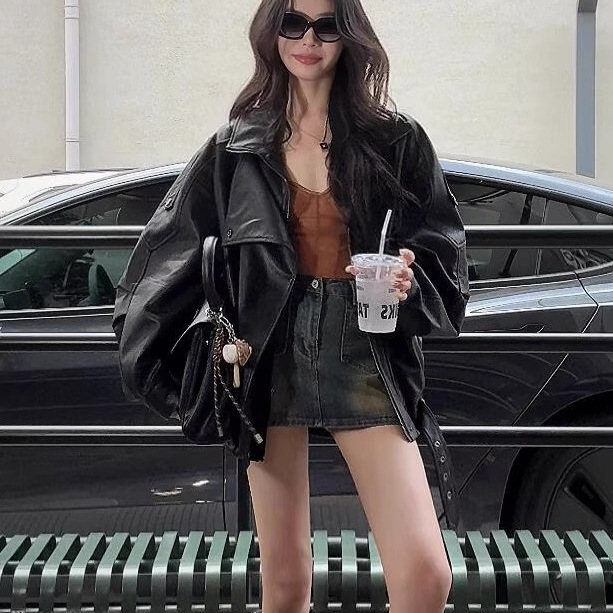 Black Retro Motorcycle Lapel Pu Leather Jacket Women's Cool Style 2025 Spring & Fall New Leather Jacket Top