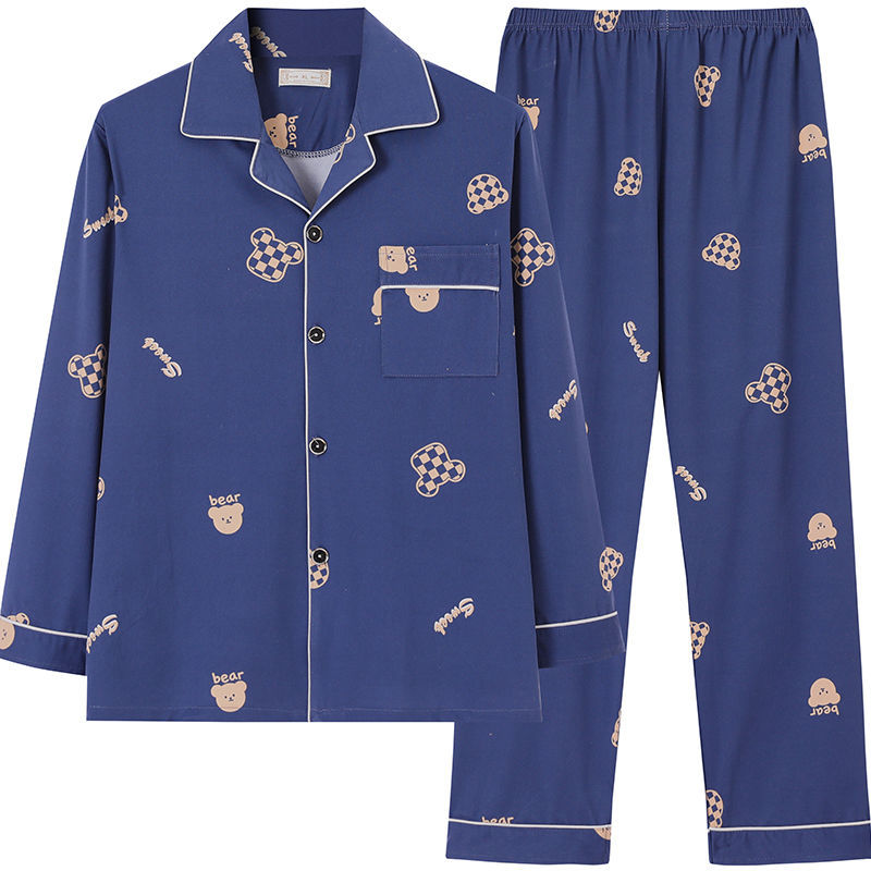 Pijamas pantalones de manga larga para hombre primavera y otoño verano más tamaño % Algodón puro verde de mediana edad cardigan homewear traje de dos piezas