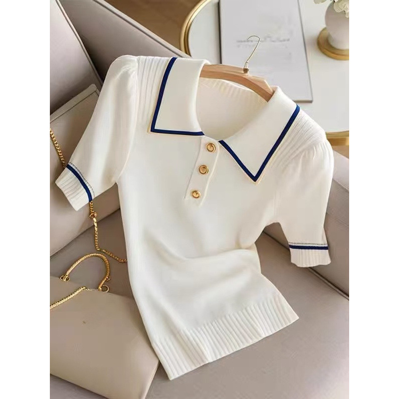 Women's Korean Style Color Block Striped Collared Short Sleeve T-Shirt Youthful Knitwear Top For Summer_ecoleips.com
