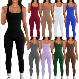 2024 foreign trade Women's solid color sleeveless vest jumpsuit thread square collar backless hip lifting slim sports jumpsuit