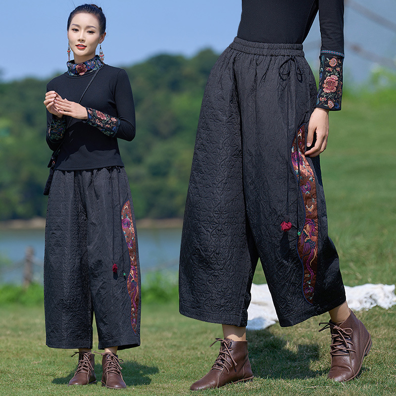 民族风秋冬新款纯色压印系带刺绣拼接哈伦裤 休闲棉裤黑色九分裤