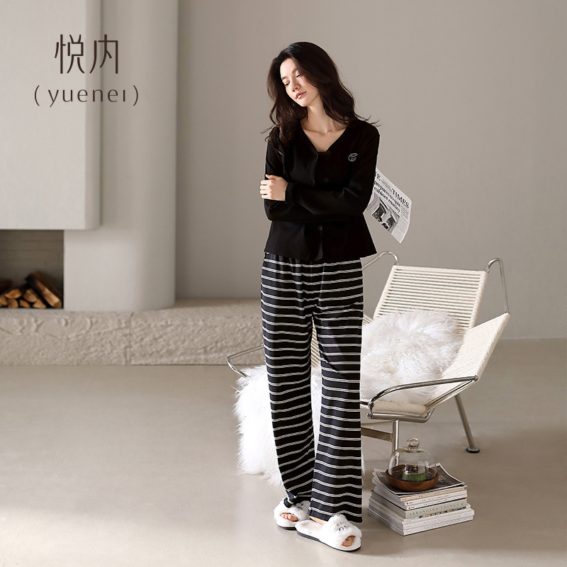 悦内睡衣女春秋季秋款纯棉长袖长裤家居服时尚显瘦黑色高级感条纹|undefined