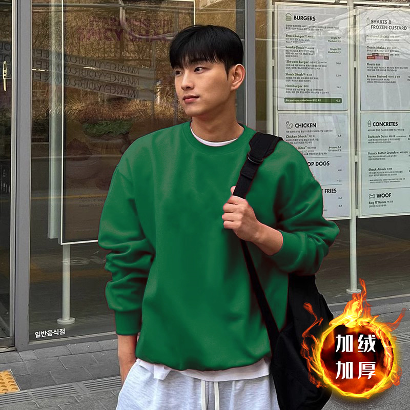 다크그린 라운드넥 스웨트셔츠 플러스 벨벳 스타일 - 솔리드 컬러 [GL]