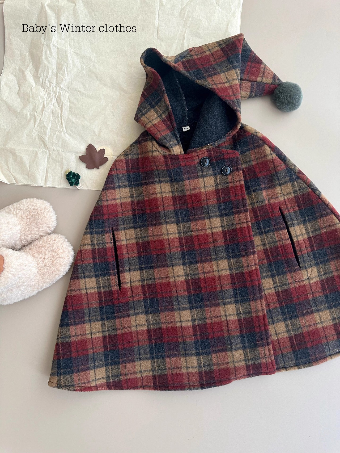 Kinderkleidung Mädchen Herbst und Winter neue Kinder spitzer Hut karierter Baumwollclip dicker Wollmantelumhang_voghion.com