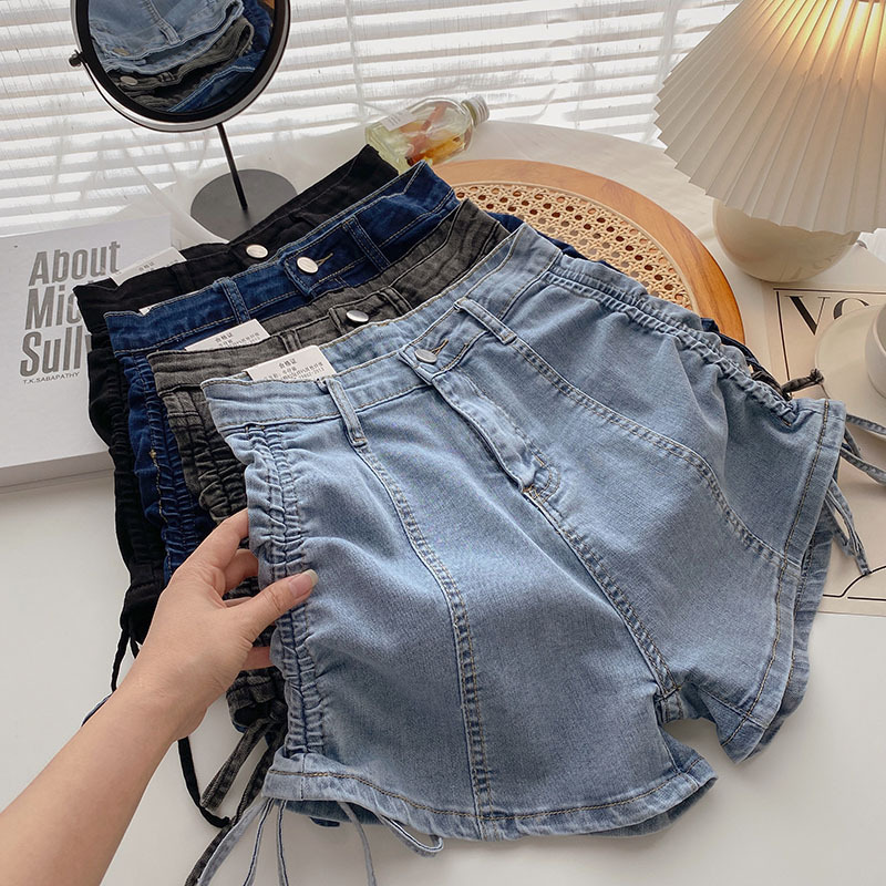High-Waisted Wide-Leg Denim Shorts for Women, 2026 Summer New Style, Drawstring Elastic A-Line Shorts, Tie-Up Tight-Fitting Hot Pants