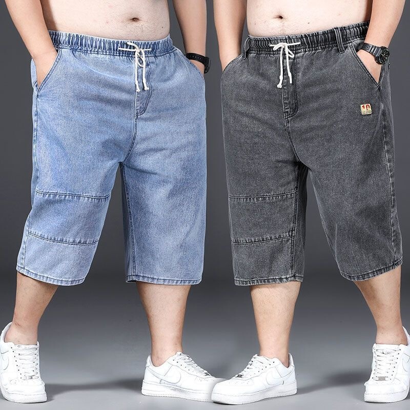 Summer Plus-Size Men's Denim Shorts, Elastic Seven-Point Pants, Extra Large Men's Over-The-Knee Loose Breeches for Outdoor Wear Summer Plus-Size Men's Denim Shorts, Elastic Seven-Point Pants, Extra Large Men's Over-The-Knee Loose Breeches for Outdoor Wear