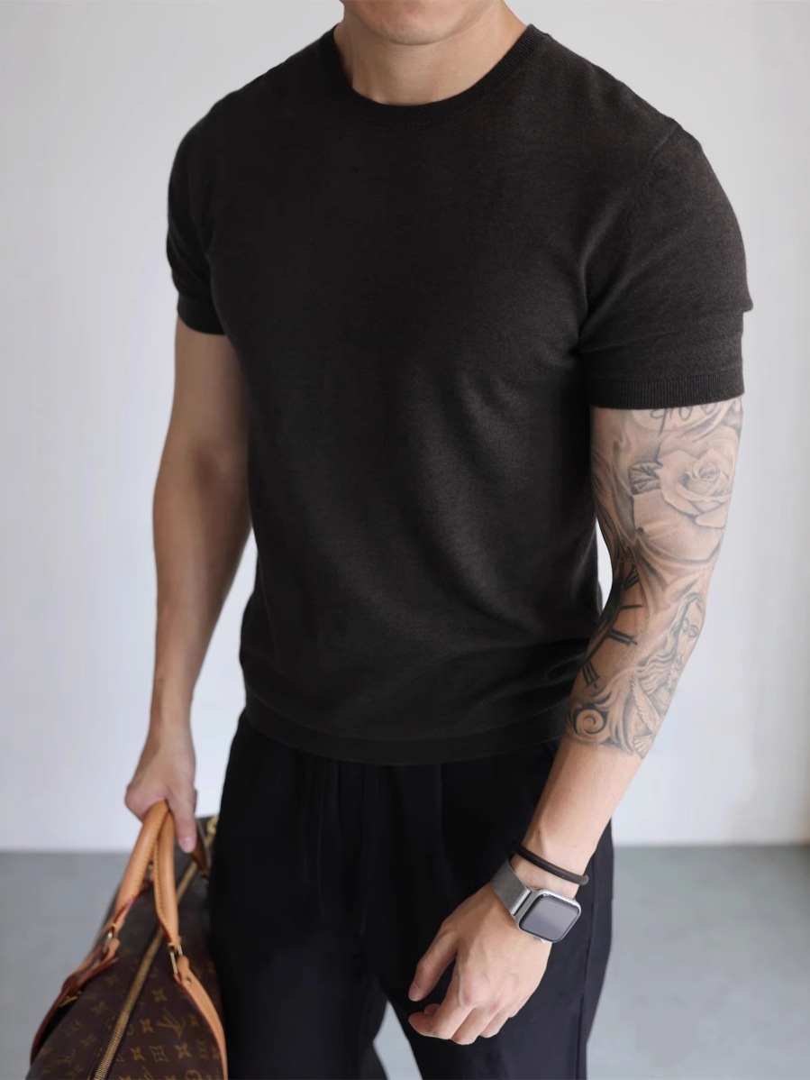 アメリカンスモールネックラインニットアイスシルクTシャツメンズクールスリムフィットワークウェア半袖スウェットシャツビジネス通勤ボトリングシャツ