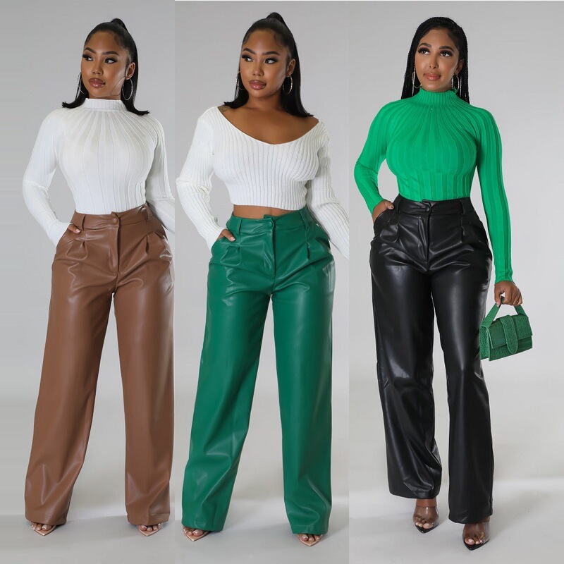 OL6137 Amazon European and American supply autumn and winter PU women's loose wide-leg pocket casual leather pants women's wide-leg pants OL6137 Amazon European and American supply autumn and winter PU women's loose wide-leg pocket casual leather pants women's wide-leg pants