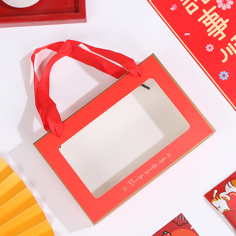 Ventana abierta transparente rojo Año Nuevo Caja de galletas portátil para hornear copo de nieve caja de dulces crujientes pastelería arroz glutinoso caja de barco