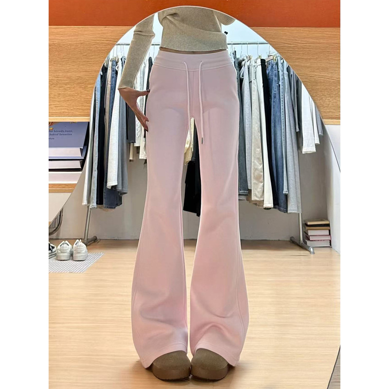 Pink Flared Casual Pants for Women, Autumn and Winter 2025 New High-Waisted Slimming Drape Floor-Length Fleece Sweatpants