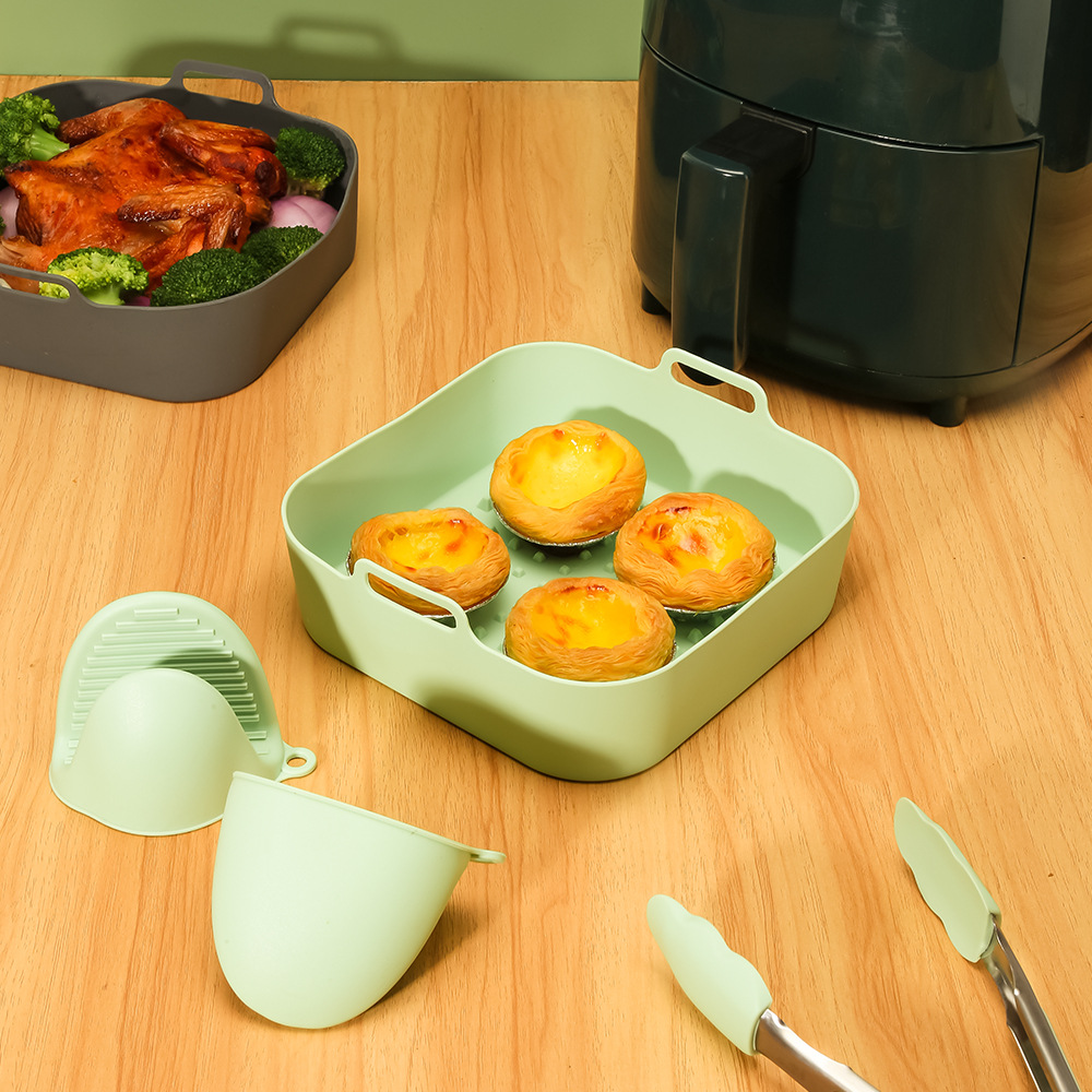 Square air fryer silicone baking tray with double-ear integrated silicone lining, non-stick, high-temperature resistant, easy to clean
