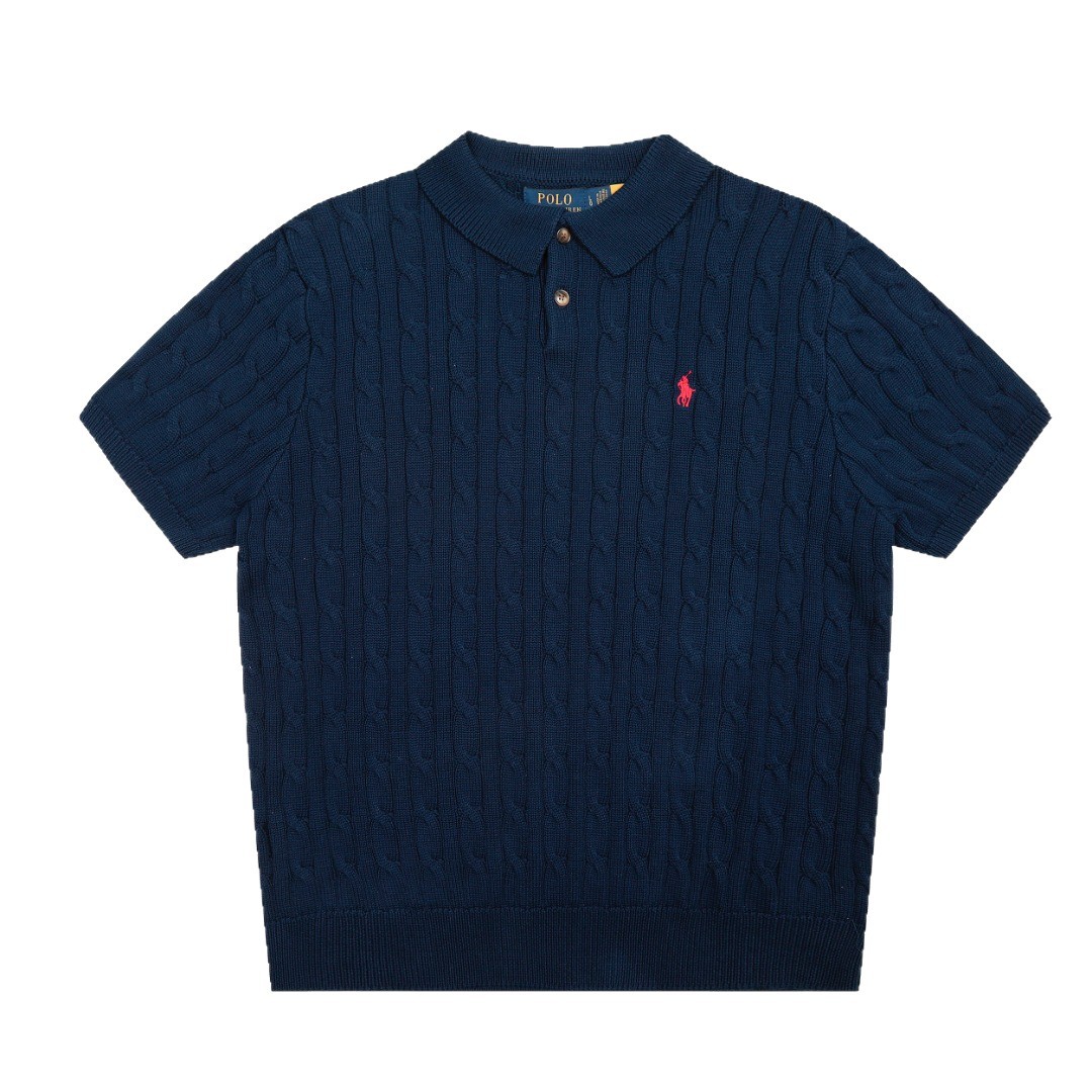 Rl Ralph Lauren Logo Embroidered Brown Two-Button Turn-Down Collar Cable Knit Polo Men's Short-Sleeve Shirt Pure Cotton Casual Top