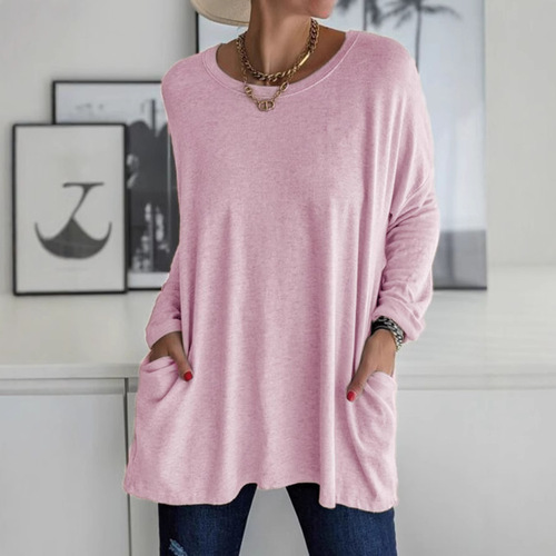 wish spring and summer new European and American round neck, long sleeves, loose pockets, pure color T-shirt, casual women's clothing