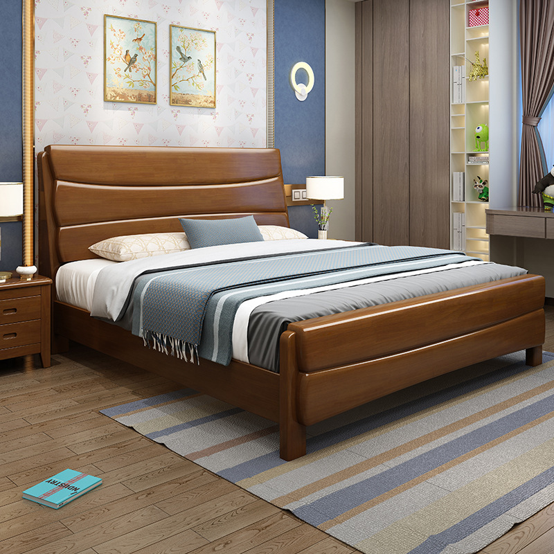 Solid wood bed Chinese style 1.5 m 1.2m double bed economical modern simple 1.8 m rental room simple single bed