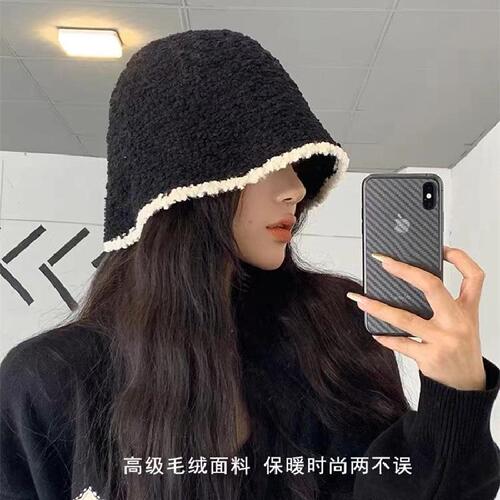 Autumn and winter hat women's black ins contrasting color fisherman hat warm ear protection hat winter thickened knitted hat wholesale