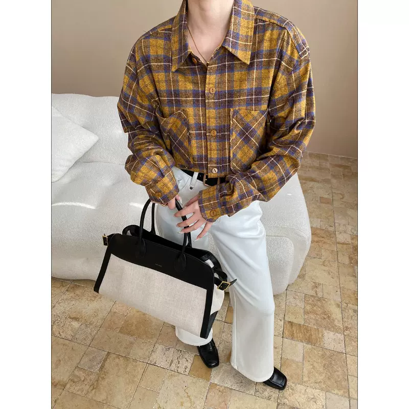 司南 设计感双口袋 复古慵懒风撞色格纹翻领宽松长袖衬衫 SN8279