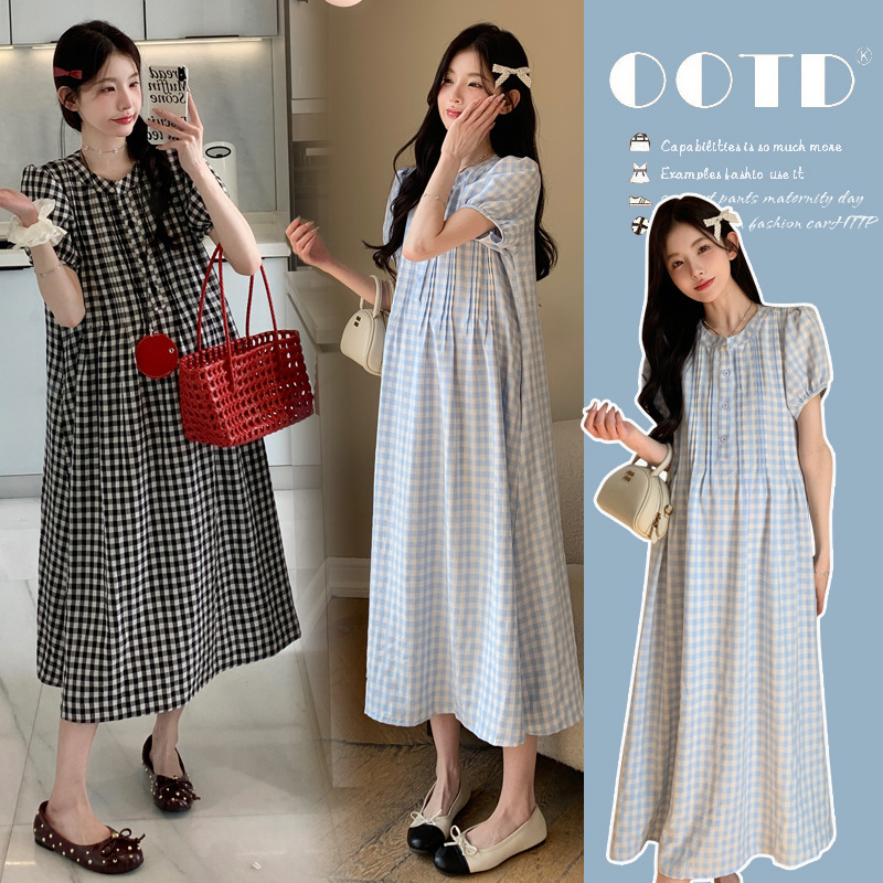 Pregnant Women Summer Fashionable New Style dress Summer French Style Retro Plaid Design Sense Loose Slimming Age-reducing Skirt Pregnant Women Summer Fashionable New Style dress Summer French Style Retro Plaid Design Sense Loose Slimming Age-reducing Skirt