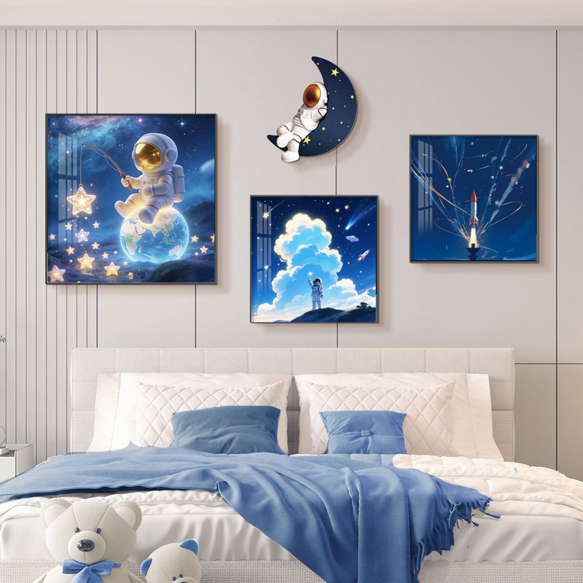 Children's room bedroom decorative painting pink blue cartoon bedside background wall painting cute princess room mural painting