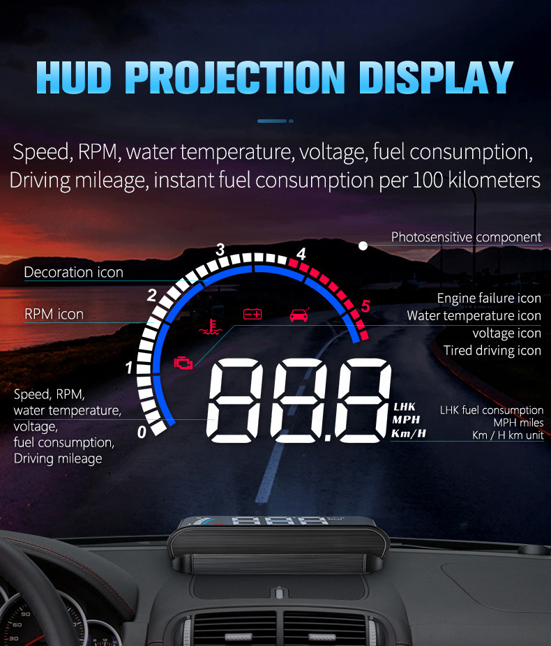 Hud Head-Up Display Obd Car Modification High-Definition Floating Projector with Built-In Sunshade Car Speedometer
