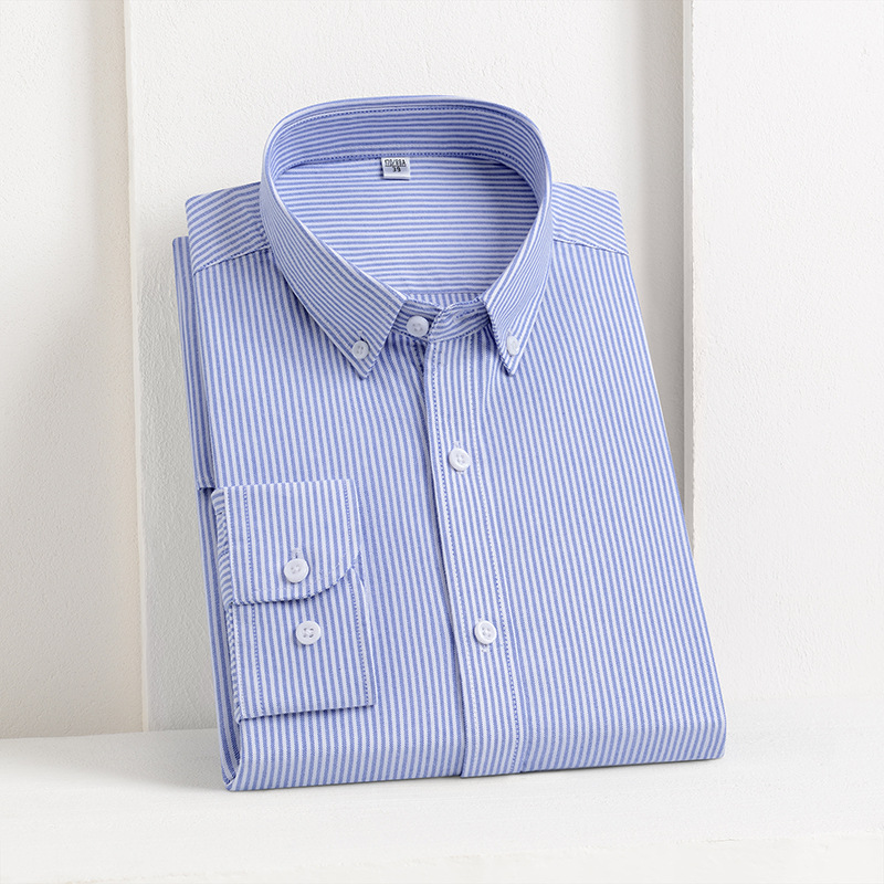高档纯棉长袖牛津纺男士衬衫中青年休闲寸衣男式经典百搭条纹衬衣