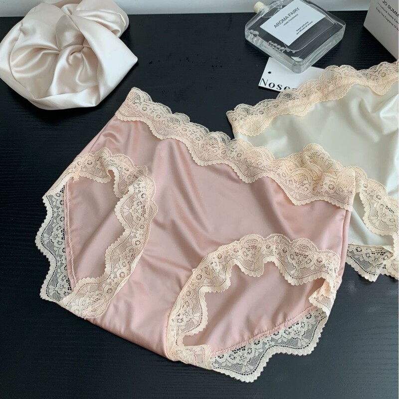 Light Luxury French Style Satin Sexy Ice Silk Underwear Women's Mid-Waist Lace Edge Satin Simple Pure Silk Underwear for Women Light Luxury French Style Satin Sexy Ice Silk Underwear Women's Mid-Waist Lace Edge Satin Simple Pure Silk Underwear for Women