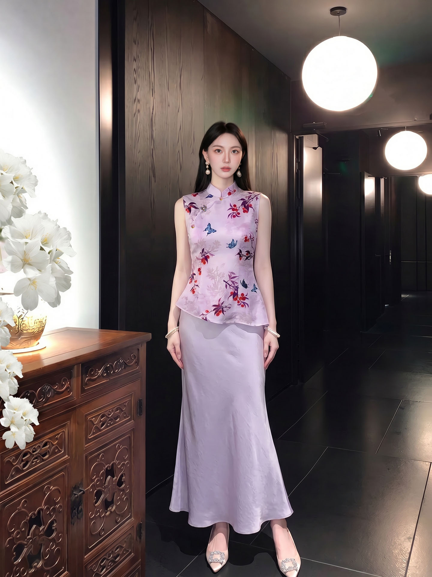 Áo gile nữ cổ đứng không tay họa tiết thêu hoa văn quốc phong — màu tím