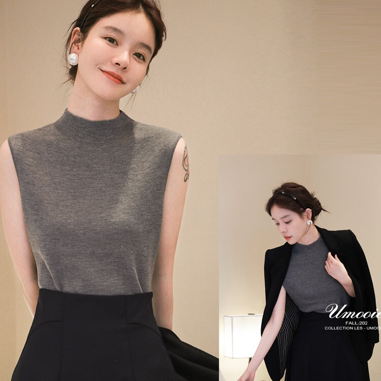 Hanyuan Apparel/High-Density Four-Stitch Sleeveless Half-Turtleneck Knit Sweater in Four Colors