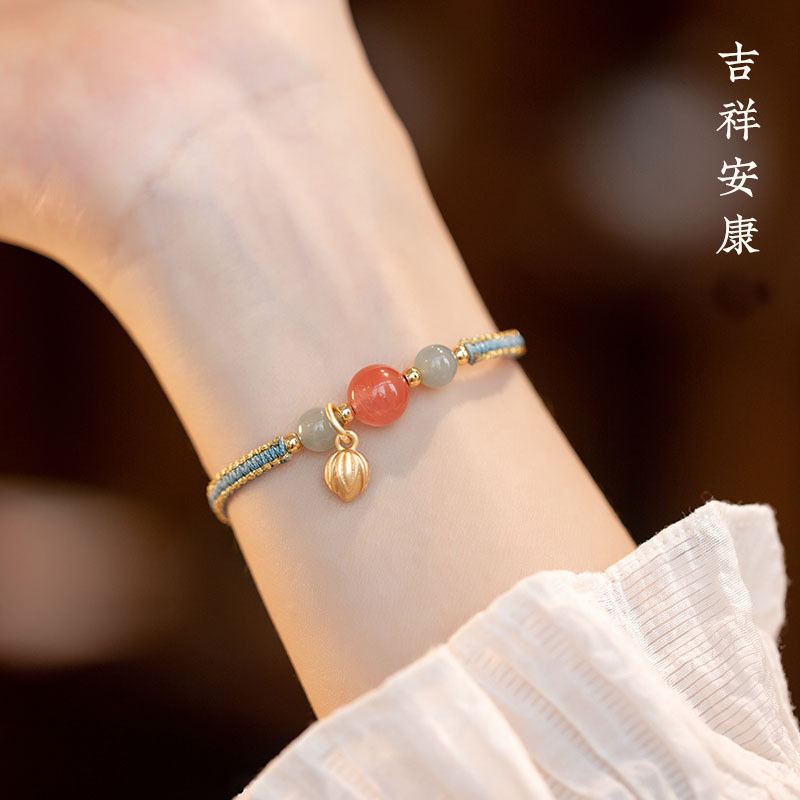 Imitation Southern Red Imitation Agate Niche Bracelet Chinese Style Adjustable Woven Lotus Bracelet Fortune Card Gift for Girlfriend
