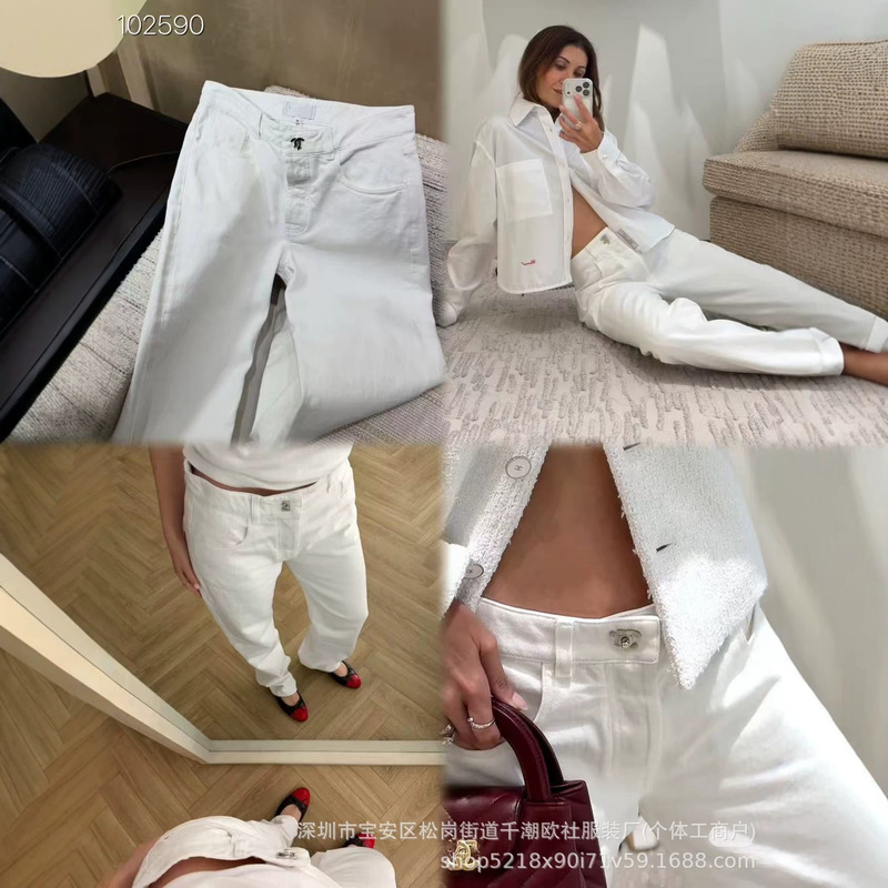 C-H26Ss Nanyou High-End Spring/Summer New Collection Backpack Buckle Heavy-Duty 3D Double C High-Waist Washed Straight-Leg Jeans for Women