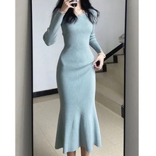 蓝色鱼尾针织连衣裙女秋冬冬季内搭打底包臀裙修身收腰长裙子