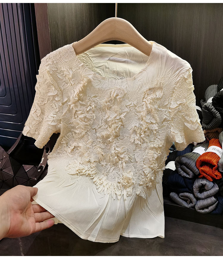 Áo thun cổ tròn xếp ly thủ công tay ngắn ôm sát đa năng màu trơn mùa hè — Màu xanh, Màu đen, Màu tím hồng, Màu hồng chi tiết 9