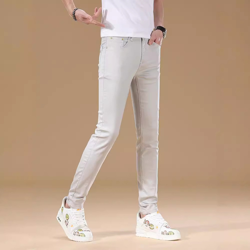 2024 New Arrival light gray Fashionable Jeans Men's Summer Thin Stretch Slim Fit Small Foot High-End Washed Long Pants
