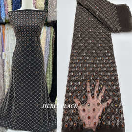 流行格子新疆异形钻手工珠管绣亮片绣婚纱礼服设计师布面料 lace