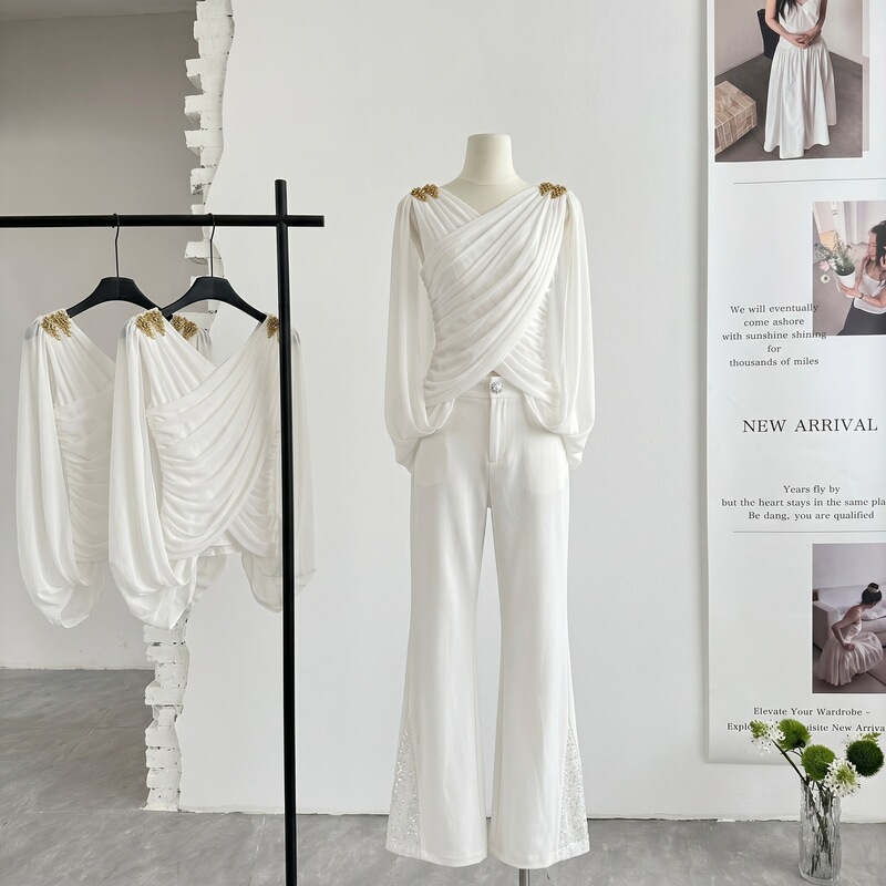 French-Style Korean Version White Greek-Style Drapey Pleated Cross-Over Fashionable Metal Vest Top for Women French-Style Korean Version White Greek-Style Drapey Pleated Cross-Over Fashionable Metal Vest Top for Women