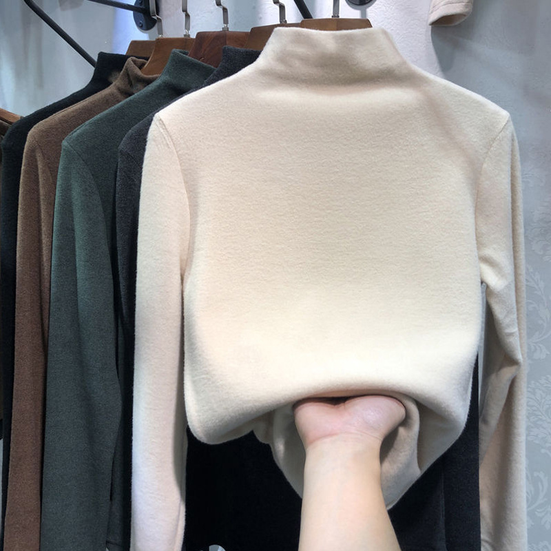 德绒打底衫女土秋冬韩版女装半高领加绒加厚上衣内搭长袖T恤代发