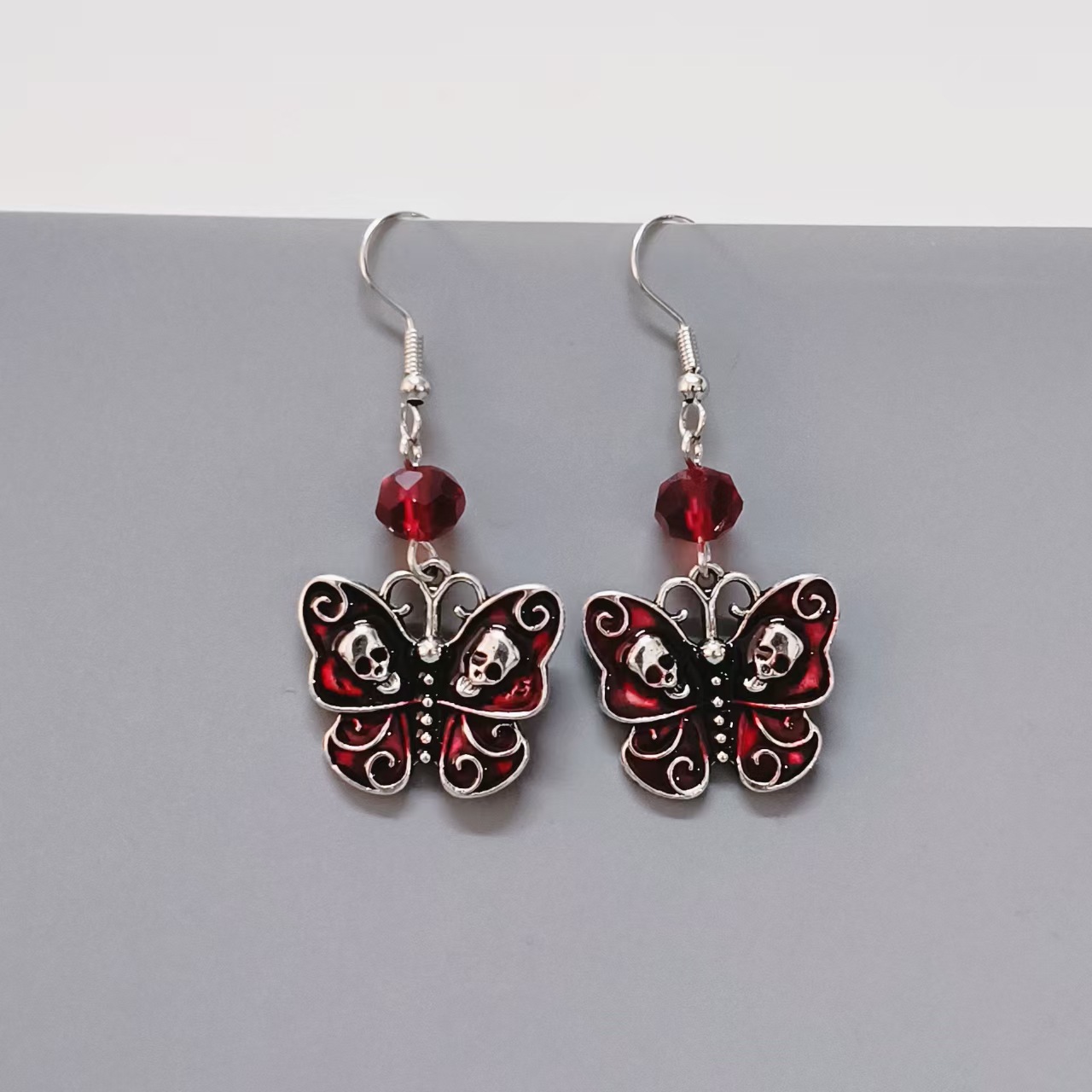 万圣节新款黑色宝石骷髅蝴蝶吊坠耳环复古时尚暗黑哥特式耳饰品女