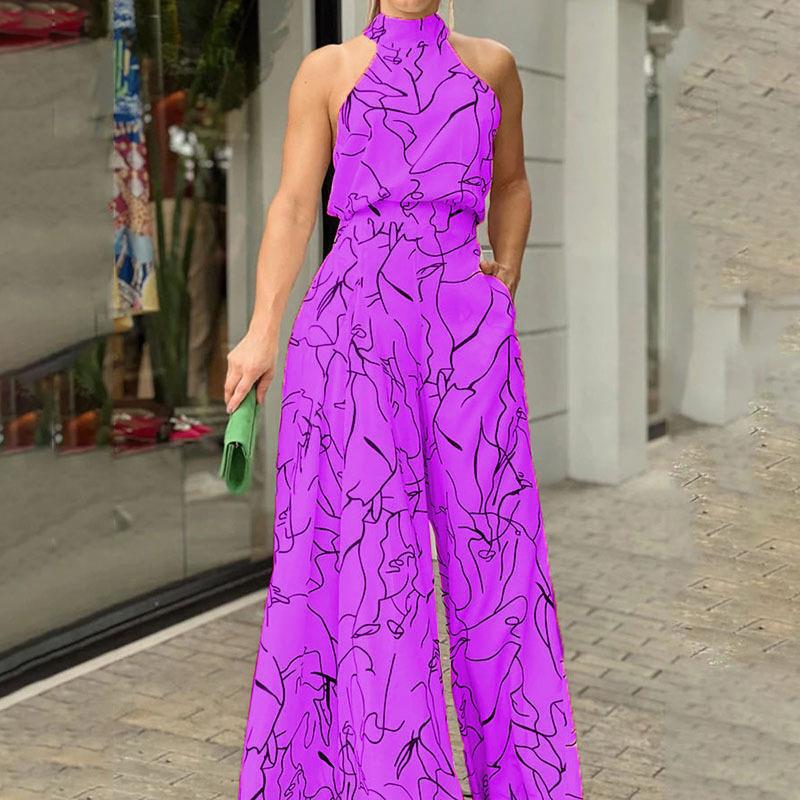 2022 verano europeo y americano ropa de mujer Amazon elegante cintura con cordones de manga larga Halter pantalones impresos mono