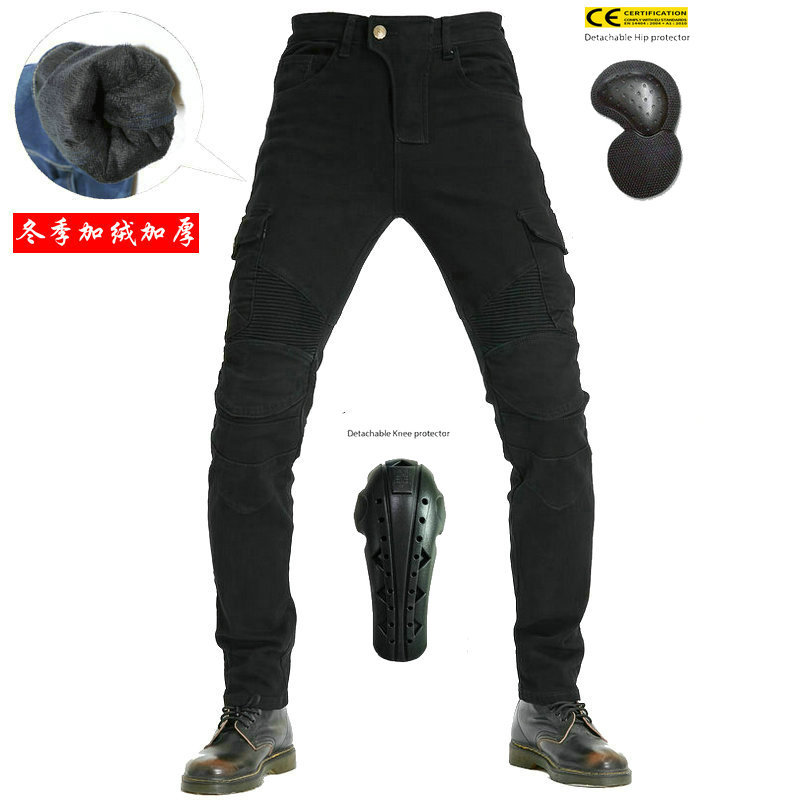 VOLERO pantalones vaqueros de la motocicleta de los hombres de invierno de lana forrada ciclismo pantalones multi-bolsa overoles de la motocicleta equipo de protección alargado