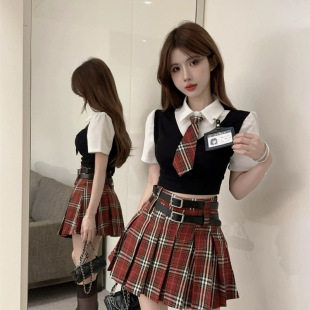 American Sweet Sexy Preppy Style Suit for Women Summer Jk Uniform Fake Two-Piece Top and Skirt Two-Piece Suit Skirt