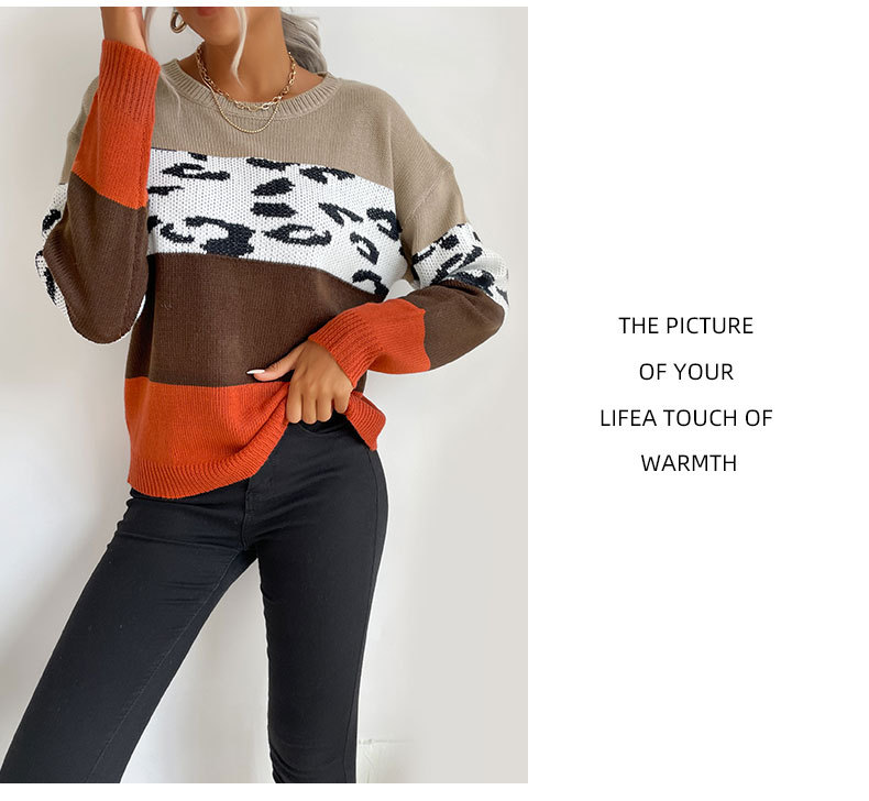 round neck color-blocking  leopard knitted sweater pullover nihaostyles wholesale clothing NSDMB81861