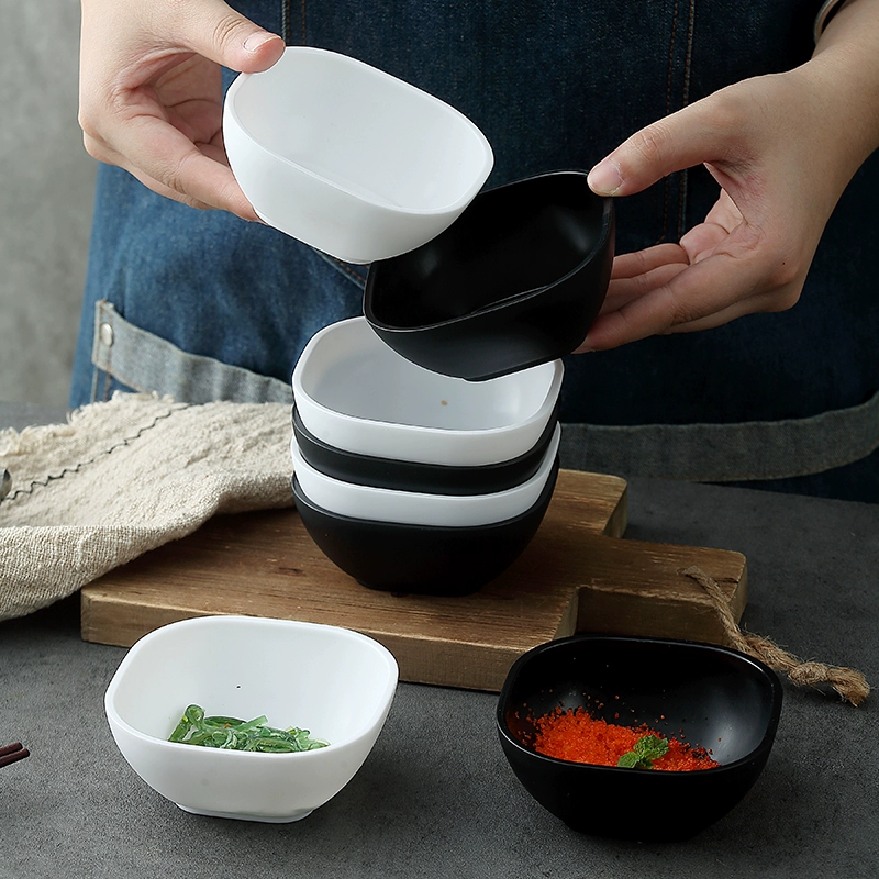 Пластиковая квадратная маленькая тарелка для дома, коммерческого ресторана, белая посуда для горячего горшка, приправа с двойным отделением, тарелка для соуса и уксуса