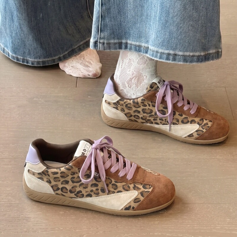 Retro color-blocked leopard print German training shoes for women, 2026 new autumn trendy design casual sneakers, Forrest Gump shoes