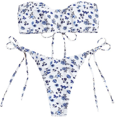 Women's Sexy Print Strapless Split Bikini Swimwear, European and American Braided Three-Point Bikini