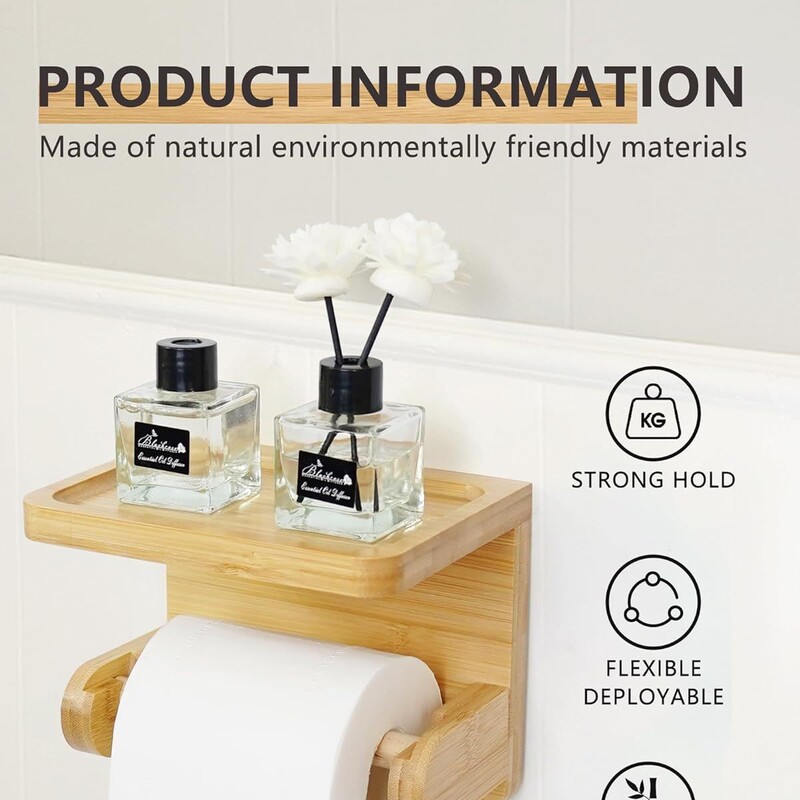 Wooden Toilet Paper Holder with Shelf, Adhesive Bathroom Toilet Paper Holder, Toilet Paper Holder