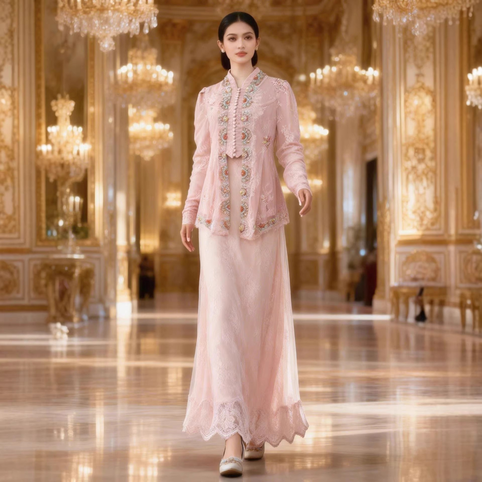 Pink lace beaded Bajukulong handmade beaded lace two-piece set, Southeast Asian elegant women's clothing, high-end light luxury.