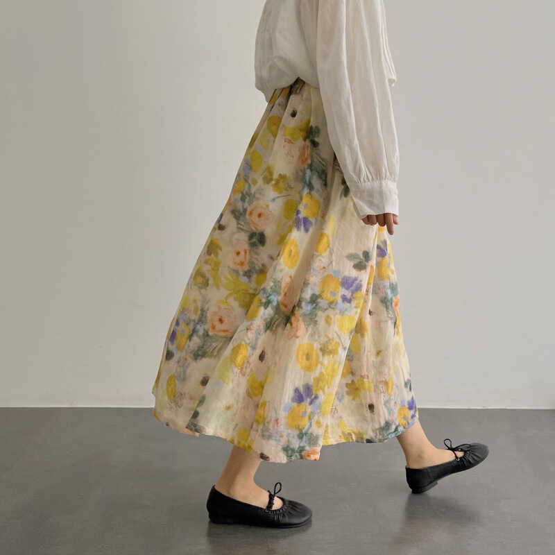 Dream in the Garden: Custom-Dyed High-Thread-Count Ramie with Oil Painting Filter Effect, A-Line Mid-Length Skirt, Summer Handmade Dream in the Garden: Custom-Dyed High-Thread-Count Ramie with Oil Painting Filter Effect, A-Line Mid-Length Skirt, Summer Handmade
