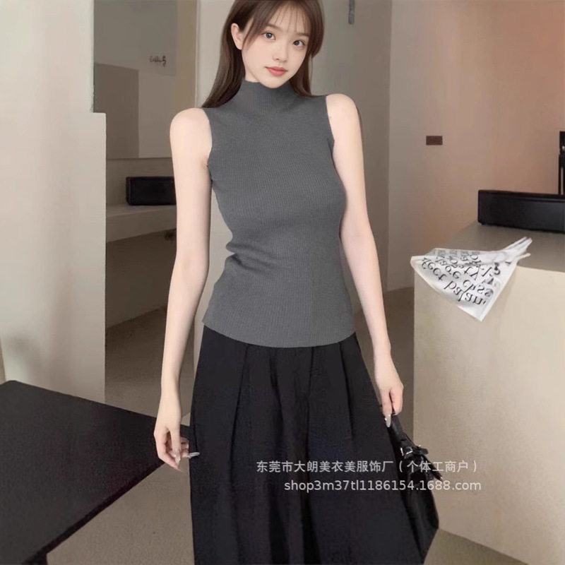 Trendy High-Neck Sleeveless Knitted Inner Vest Base Shirt for Women Korean Style Slim Fit Stretch Versatile Top
