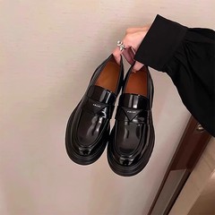 真皮小个子内增高三角标乐福鞋秋真皮英伦风松糕厚底鞋小皮鞋女