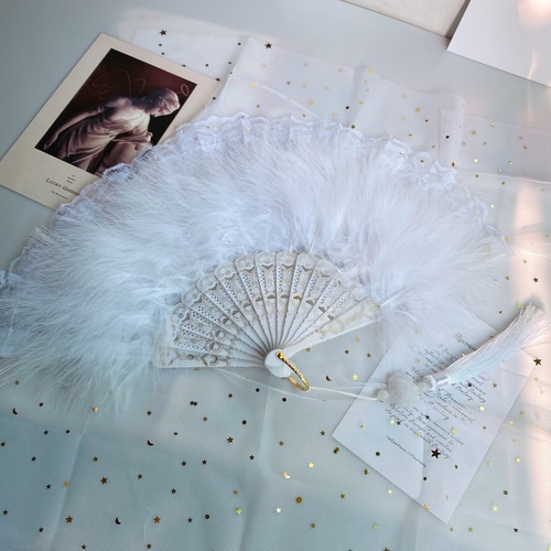 2pcs Classic Lolita Lace Feather Fan for women girls Cheongsam catwalk photo feather folding fan mdeo show Lace feather fan